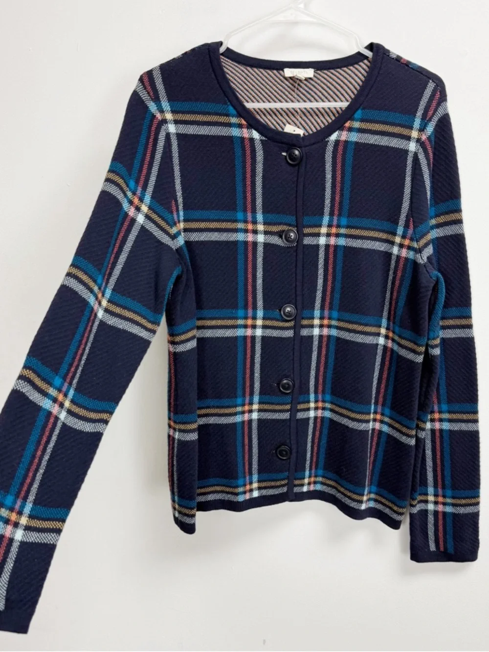 Talbots Cardigan Sweater Womens Medium Blue Multicolor Plaid Buttons Knit NWT - Picture 2 of 9